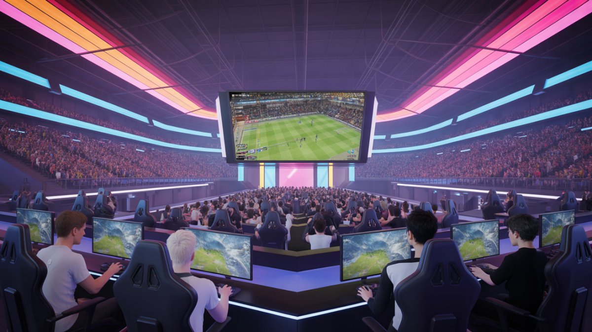 L’épopée du e-sport : Quelle est l’histoire derrière cette révolution numérique ? Illustration of the evolution and cultural impact of e-sport from its origins in the 1950s to its global prominence today.